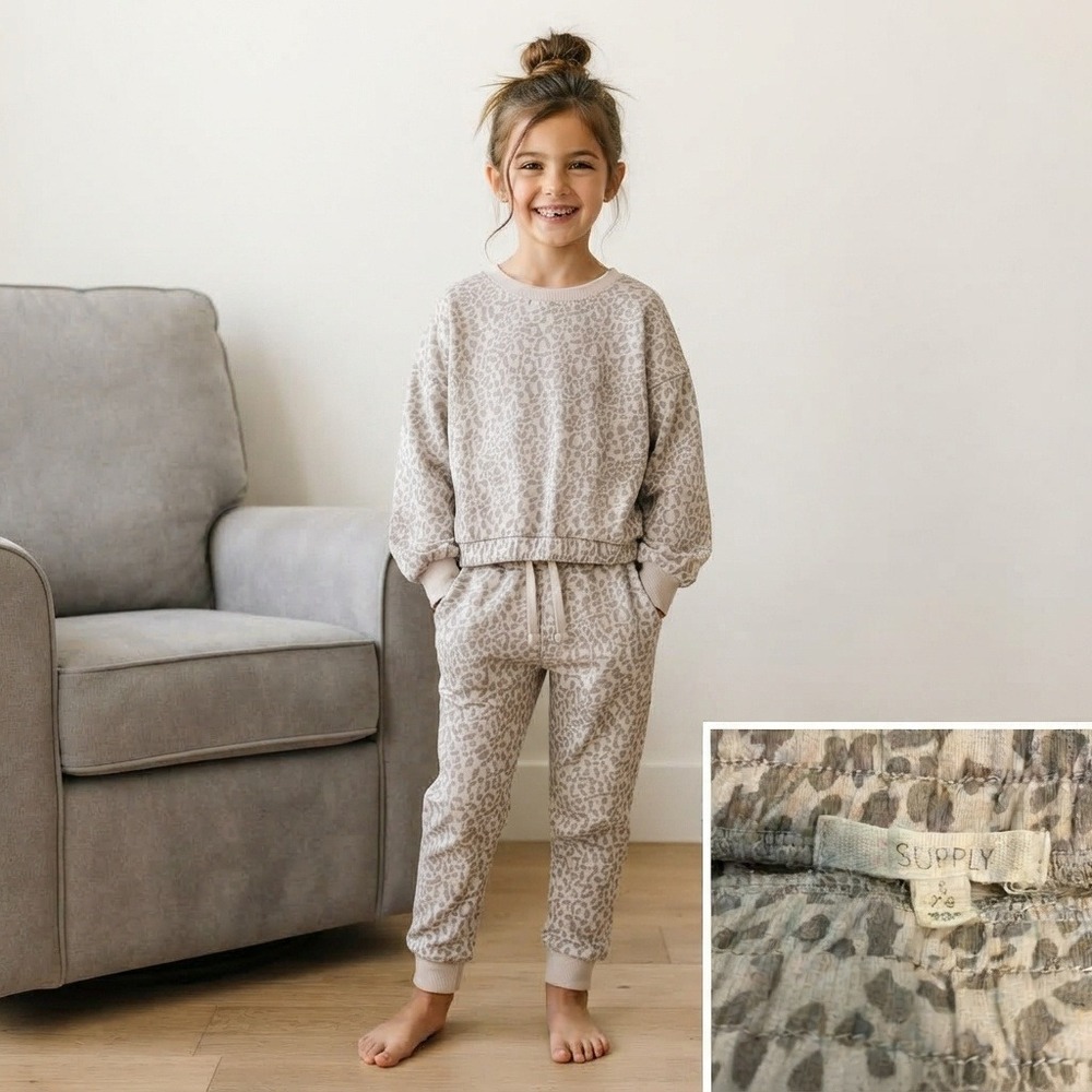 Z Supply Leopard Lounge Set Kids 7/8 Tan Good Animal Print Sweatshirt Joggers